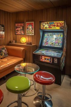 a room filled with lots of colorful stools next to a couch and arcade machines