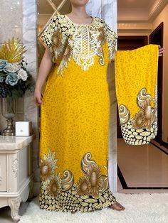 Color: Yellow Yellow Floral Print Non-stretch Dress, Yellow Shift Dress For Vacation, Short Sleeve Dress Style Kaftan, Yellow Free Size Dress With Short Sleeves, Yellow Free Size Casual Dress, Fitted Short Sleeve Kaftan For Spring, Yellow Casual Free Size Dress, Yellow Free Size Maxi Dress, Dress With Scarf