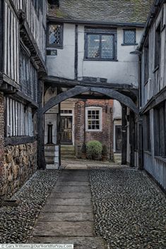 an alley way with old buildings and cobblestone walkway leading up to the front door