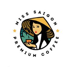 the miss saigon premium coffee logo is shown on a white background and features an image of a woman in a hat