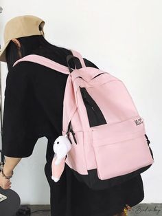 BirdinBag - Spacious Color Block Student Backpack with Adorable Rabbit Pendant Pink Softback Backpack For Study, Casual Pink Satchel Backpack, Rabbit Pendant, Details Pictures, Student Backpacks, Word Wrap, Classic Backpack, All Over Print, Color Block