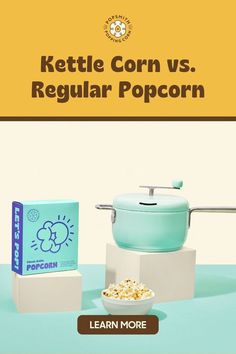 the kettle corn vs regular popcorn is shown in front of a box and an empty container