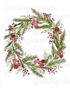 a watercolor wreath with red berries and green leaves on it, surrounded by greenery