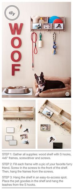 a dog laying on top of a bed next to a wooden shelf