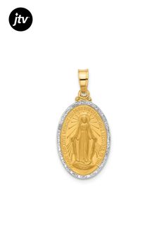 14k Two-tone Gold satin miraculous medal oval pendant. Measures approximately 1/1"L x 1/2"W and has a 2.4mm bail. Gold Satin, Miraculous Medal, Oval Pendant, Two Tone, Satin, Pendant, Gold