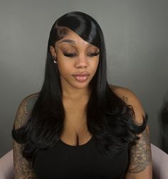 Long Hair Bumped Ends, Black Swoop Wig, Lace Front Swoop Hairstyles, Black Swoop Hairstyles, Side Part Swoop Bumped Ends, Side Part Bumped Ends Wig, Side Part Quick Weave With Swoop, Side Swoop Straight Hair Black Women, Straight Swoop Hairstyles