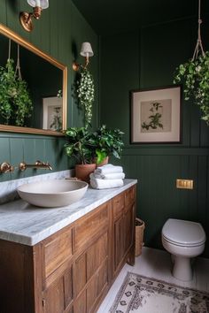 a bathroom with green walls and wooden cabinets, a white bowl sink and potted plants on the counter