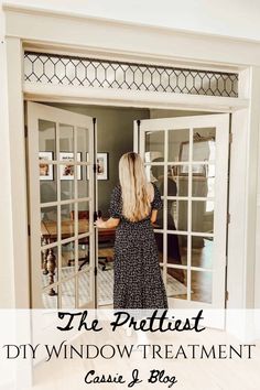 a woman standing in front of an open door with the words, the pratist diy window treatment case & blog