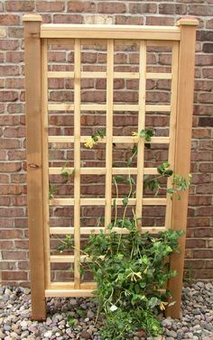 a wooden trellis next to a brick wall with a plant growing in the corner