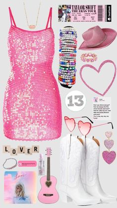 a pink dress, cowboy boots and other items are arranged in the shape of a heart