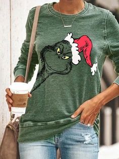 Green Casual Graphic Tops Round Neck Long Sleeve Christmas Monster Elements Printed Sweatshirt Christmas Suit, Chic Sweatshirt, Christmas Cartoon, Color Block Sweatshirt, Casual Long Sleeve Shirts, Tunic Sweatshirt, Sweatshirt Outfit, Sweatshirts Pattern, Round Neck Sweatshirts