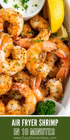 air fryer shrimp in 10 minutes with lemon wedges and parsley on the side