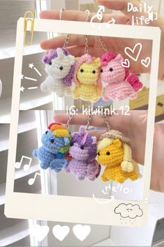 there are four small crocheted animals hanging from the key chain in this photo