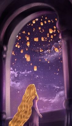 a painting of a girl looking out at the sky with lanterns floating in the air