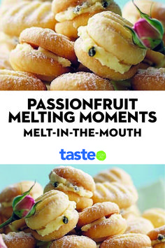 pastries sitting on top of each other with the words passionfruit melting moments melt - in - the - mouth