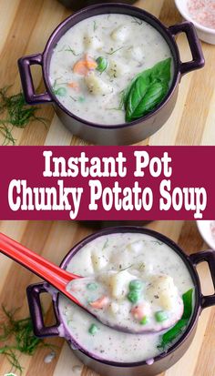 instant pot chunk potato soup in two purple pots with red chopsticks