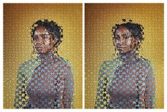 two pictures of a woman with braids on her head, one is made out of puzzle pieces