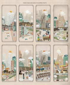 four different views of people walking in the city with buildings and skyscrapers behind them