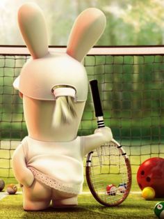 a cartoon bunny holding a tennis racquet in front of a net and ball