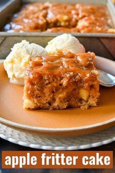 apple fritter cake on an orange plate with ice cream and caramel sauce