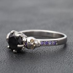 Skull Engagement Ring Womens Purple Black Stone Gothic Rings Black Punk Rings For Halloween, Punk Black Ring For Halloween, Punk Black Rings For Halloween, Gothic Black Skull Ring For Halloween, Black Amethyst Jewelry For Anniversary, Black Round Skull Promise Ring, Black Skull Promise Ring, Gothic Black Skull Ring For Anniversary, Black Gothic Skull Ring For Anniversary