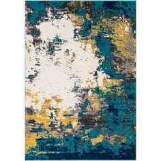 a rug with blue, yellow and white colors