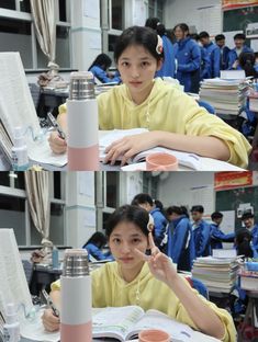 two pictures of a woman sitting at a desk with a book and cup in front of her