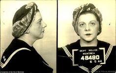 two mug shots of the same woman in black and white, one is wearing a head scarf