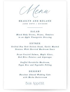 an elegant menu with blue ink on white paper