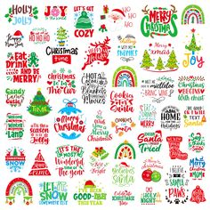 christmas stickers are shown in various colors and styles, including red, green, blue,