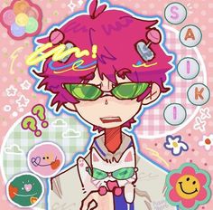 an anime character with pink hair and green eyes wearing sunglasses, standing in front of a checkered background