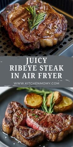 juicy ribeye steak in air fryer with rosemary garnish on the side