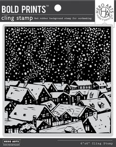 a black and white drawing of houses with snow falling down the roof, in front of a