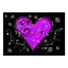 a purple heart with swirls and leaves on it