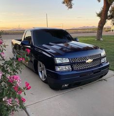 a blue truck parked on the side of a road next to pink flowers and trees