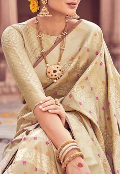 Banarasi Saree in Beige Silk Saree Blouse Designs, Saree Blouse Designs Latest, Silk Saree Blouse, Trendy Blouse Designs