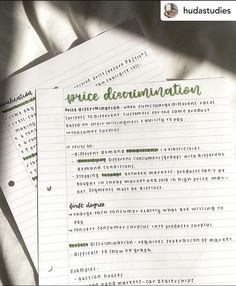 three pieces of paper sitting on top of each other with the words price discrimination written in green ink