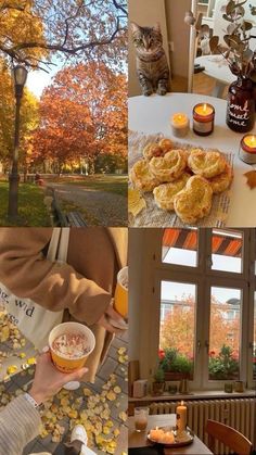 a collage of photos with food, candles and trees in the fall season as well as autumn leaves on the ground