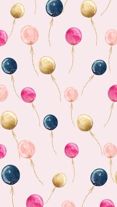 a pink and blue wallpaper with gold foiled balloons on it's sides