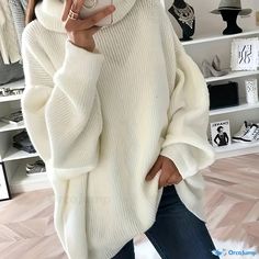 Orcajump - Solid Turtle Neck Pullover Sweater, Casual Long Sleeve Oversized Sweater, Women's Clothing White Oversized Sweater, Sweater Women's, Long Sleeve Pullover Sweater, Comfy Fashion, Oversized Sweater, White Sweaters, Women's Casual, Long Sleeve Pullover, Pullover Sweater