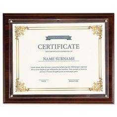 an award certificate is displayed in a wooden frame with gold trimmings on the edges