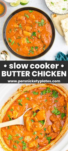 slow cooker butter chicken recipe in a pan and on a plate with a spoon