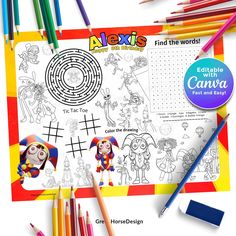 the children's coloring book is next to colored pencils and markers