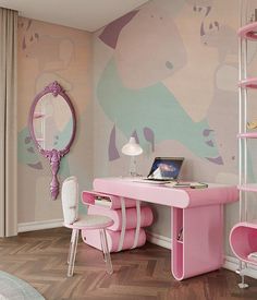 a pink desk and chair in a room