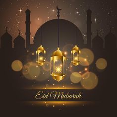 an eid mubarak background with hanging lanterns