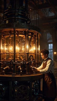 a man standing in front of a large machine with lots of lights on it's sides