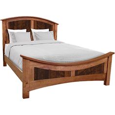 a wooden bed frame with white sheets and pillows on top of it, against a white background