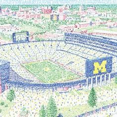 a drawing of a stadium with the michigan wolverines on it's sideline