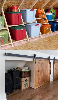 two pictures side by side with different storage bins on the top and bottom shelves