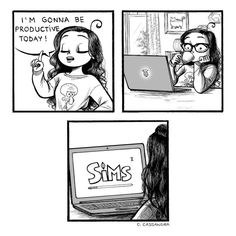 the comic strip shows two girls using their laptops